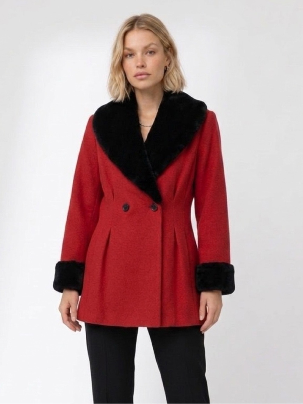 Le Chateau VINTAGE Red Wool COAT Size Small BLACK FAUX FUR